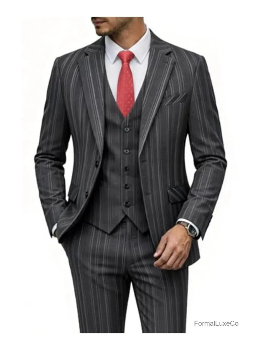 3 Piece Pinstripe Suit for Men Slim Fit Tuxedo Single Breasted Dress Set Wedding